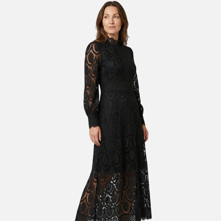 Floral Lace High Neck Midi Dress with Puff Sleeves for Women