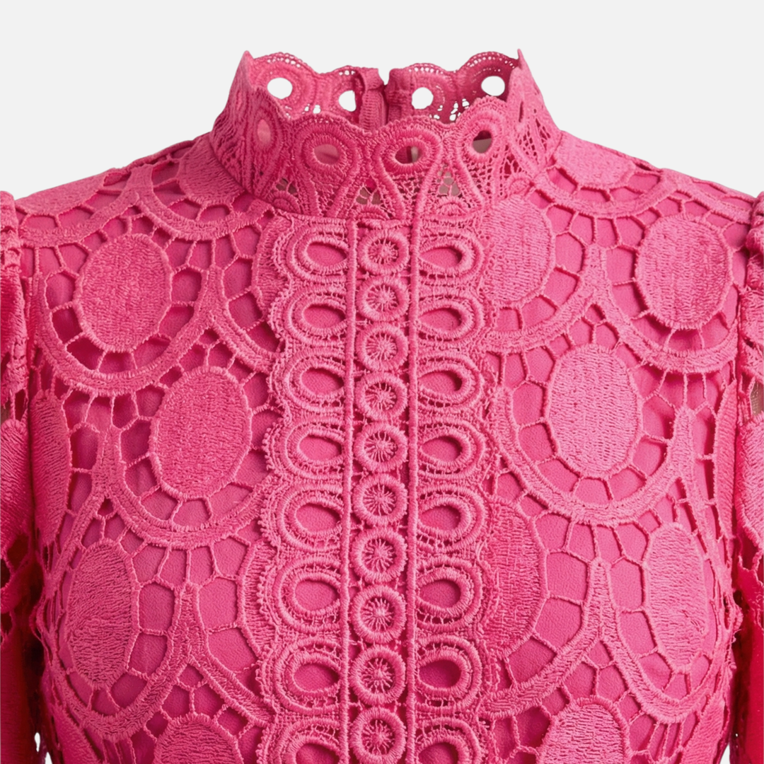 Floral Lace High Neck Midi Dress with Puff Sleeves for Women