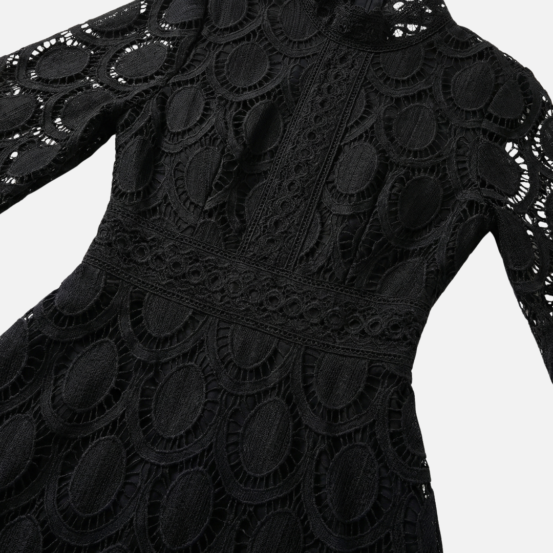 Floral Lace High Neck Midi Dress with Puff Sleeves for Women