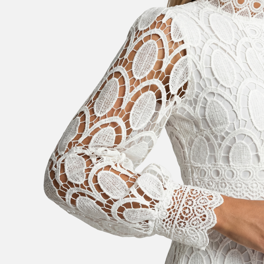 Floral Lace High Neck Midi Dress with Puff Sleeves for Women