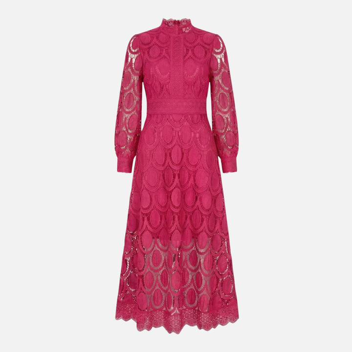 Floral Lace High Neck Midi Dress with Puff Sleeves for Women