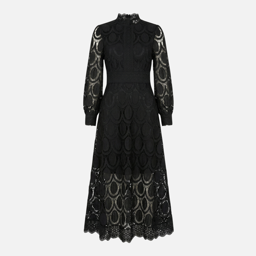 Floral Lace High Neck Midi Dress with Puff Sleeves for Women