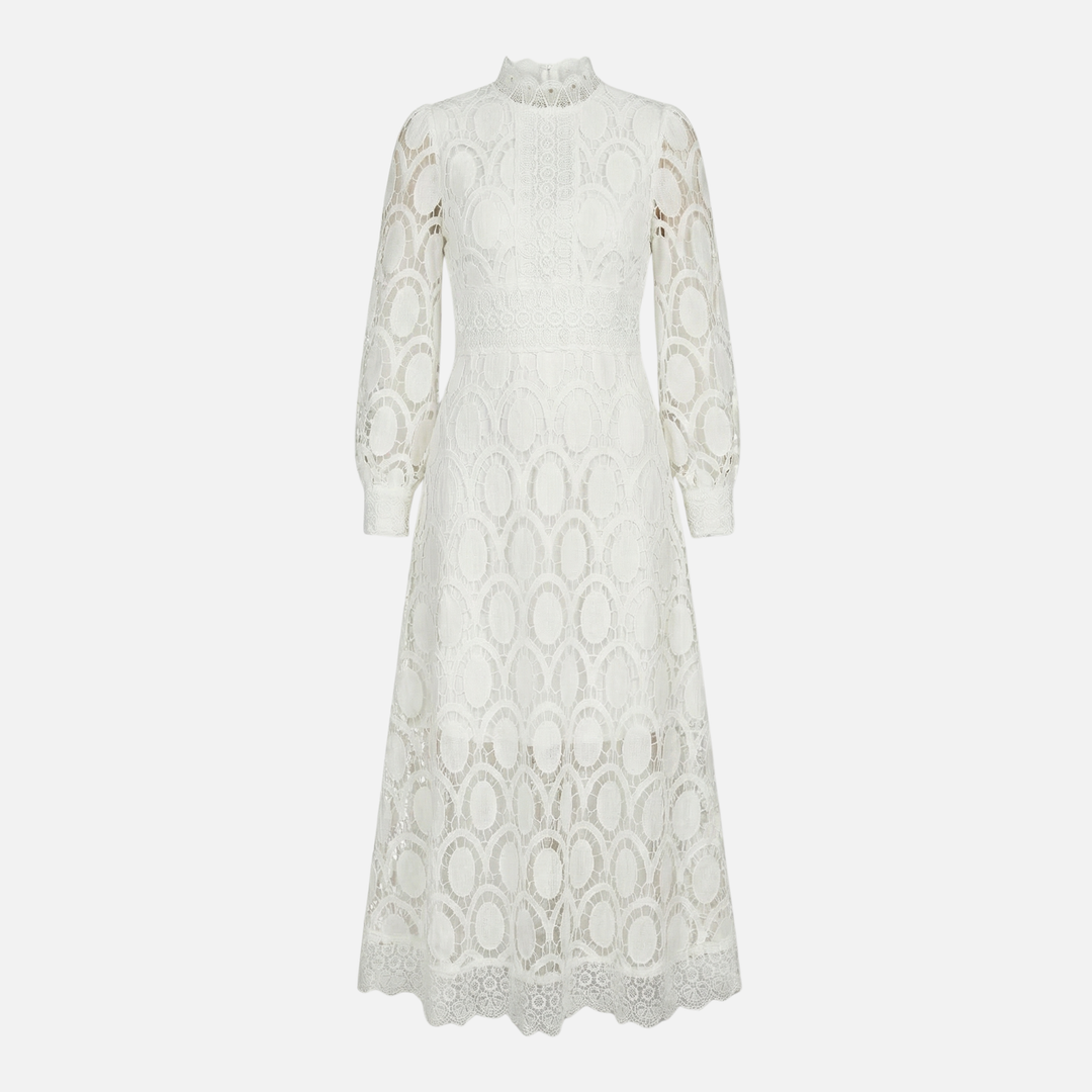 Floral Lace High Neck Midi Dress with Puff Sleeves for Women