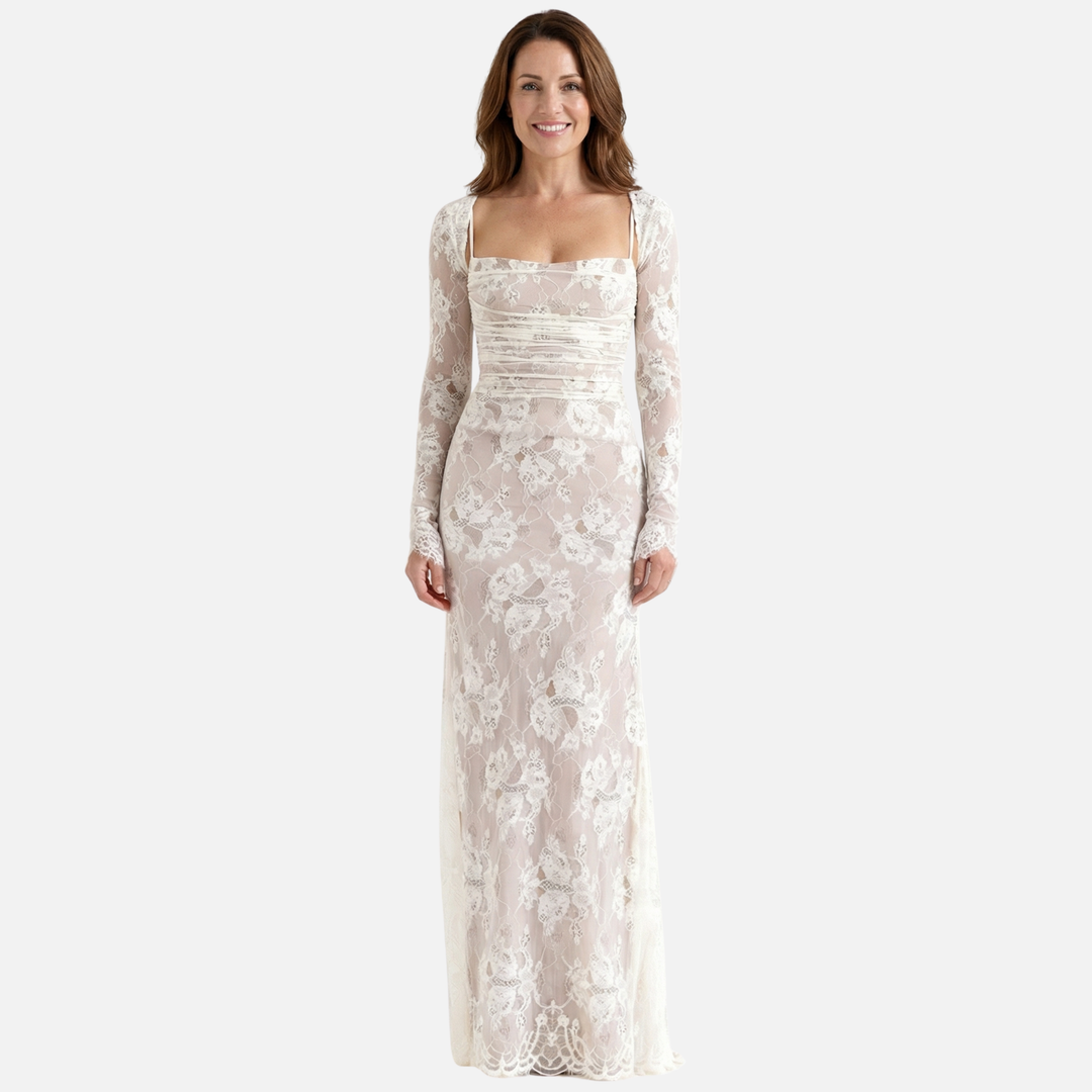 Floral Lace Mermaid Evening Dress with Long Sleeves for Women