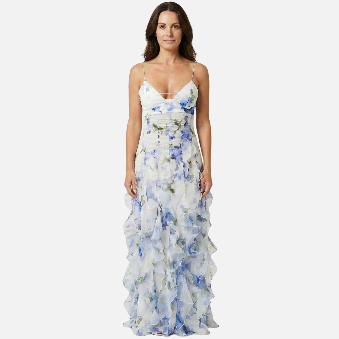 Floral Print Ruffled Maxi Dress with Corset Bodice for Women
