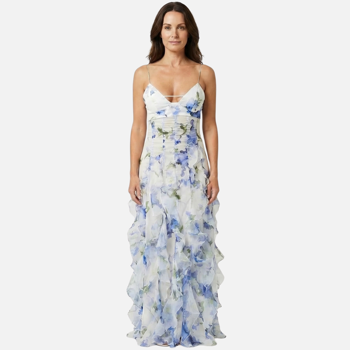 Floral Print Ruffled Maxi Dress with Corset Bodice for Women