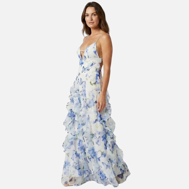 Floral Print Ruffled Maxi Dress with Corset Bodice for Women