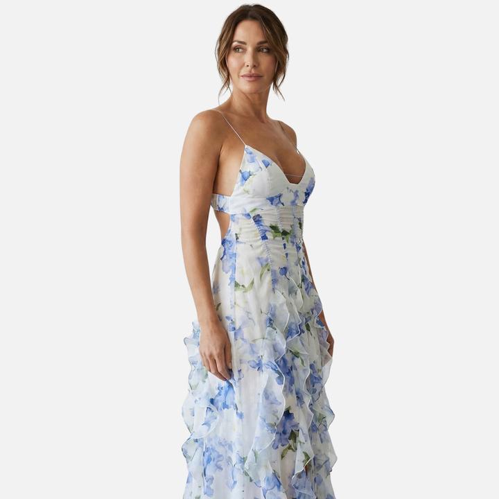 Floral Print Ruffled Maxi Dress with Corset Bodice for Women