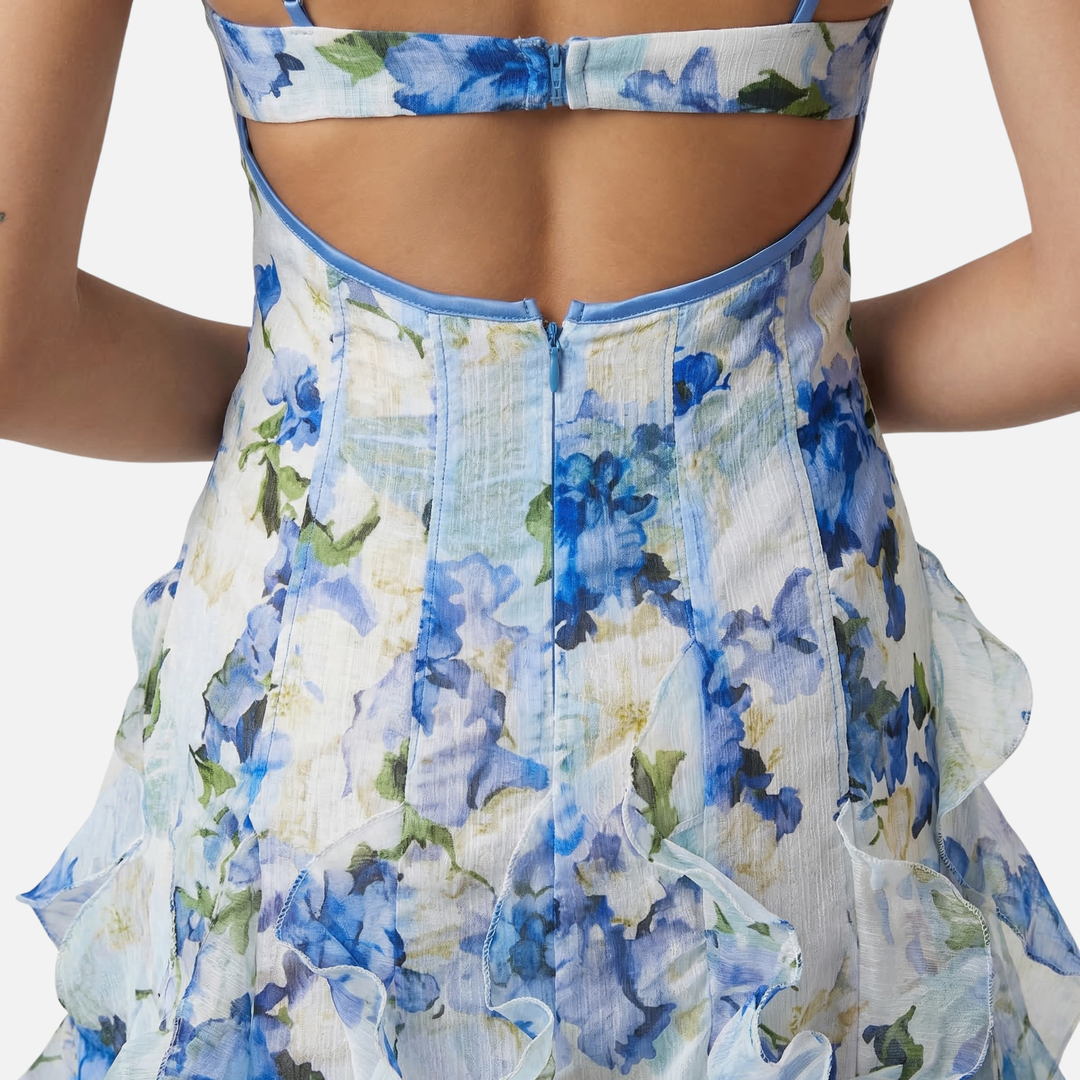 Floral Print Ruffled Maxi Dress with Corset Bodice for Women