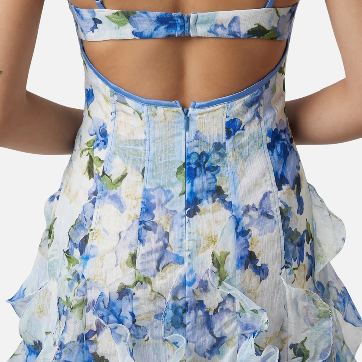 Floral Print Ruffled Maxi Dress with Corset Bodice for Women