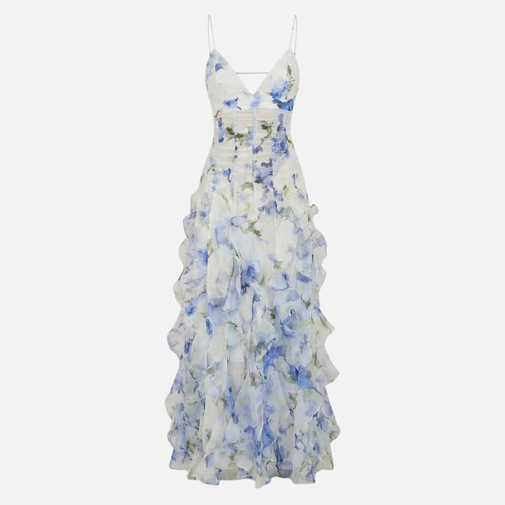 Floral Print Ruffled Maxi Dress with Corset Bodice for Women