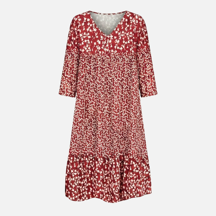 Flowy Floral Midi Dress – V-Neck, Three-Quarter Sleeves for Women