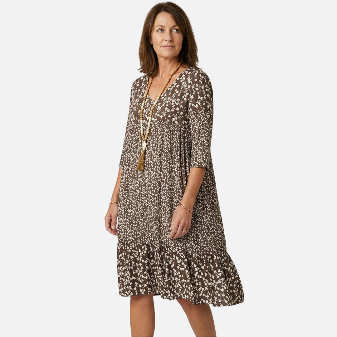 Flowy Floral Midi Dress – V-Neck, Three-Quarter Sleeves for Women