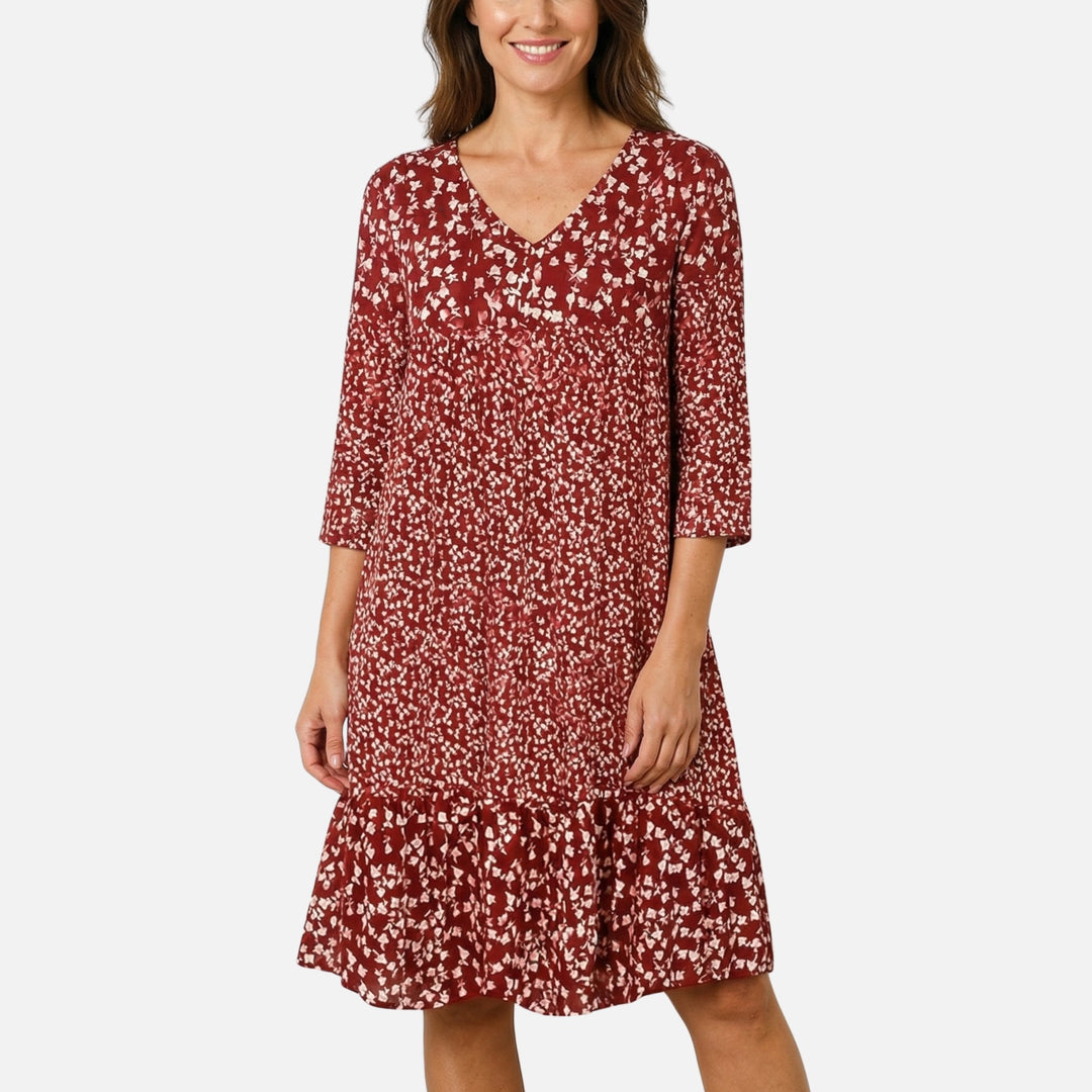 Flowy Floral Midi Dress – V-Neck, Three-Quarter Sleeves for Women