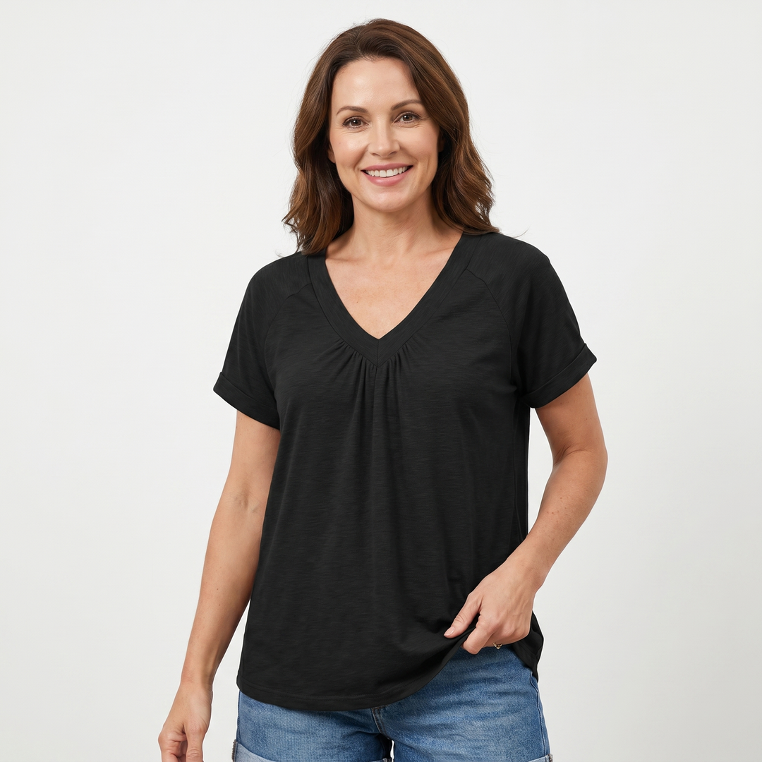 V_Neck_Ruched_Top_with_Elastic_Band_for_Women_2