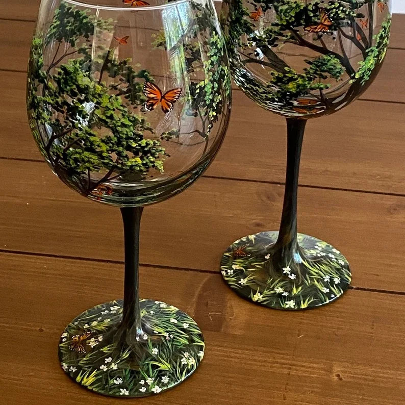 Hand-Painted Wine Glasses – Four Seasons Tree Design Set 1