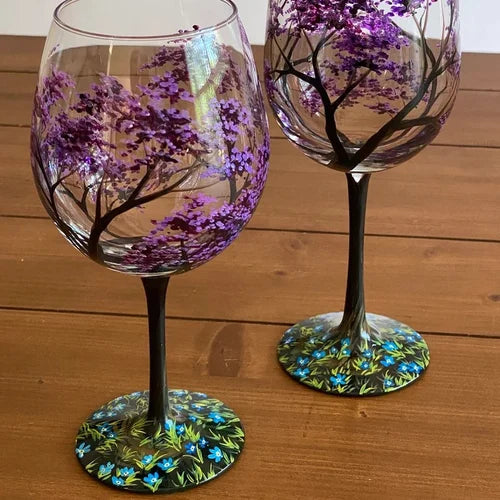 Hand-Painted Wine Glasses – Four Seasons Tree Design Set 10