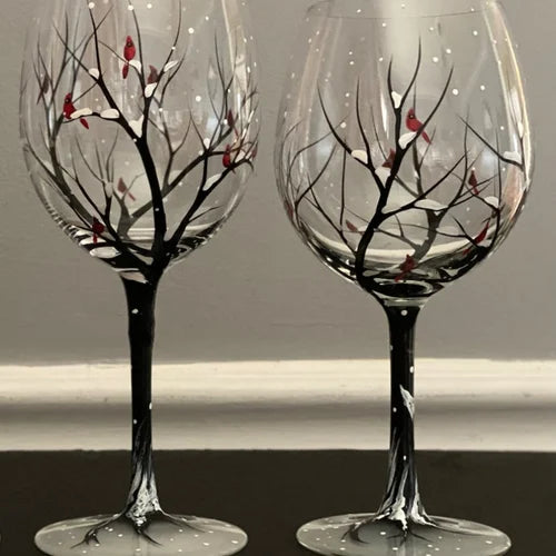 Hand-Painted Wine Glasses – Four Seasons Tree Design Set 12