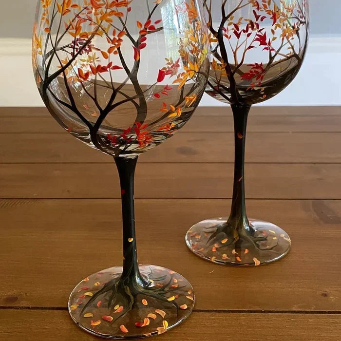 Hand-Painted Wine Glasses – Four Seasons Tree Design Set 8