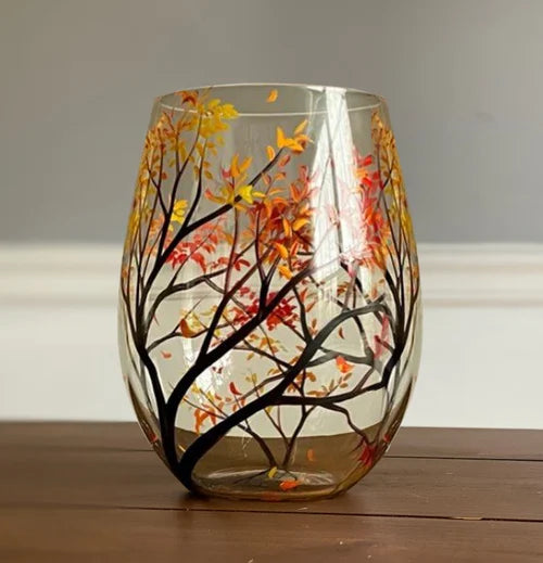 Hand-Painted Wine Glasses – Four Seasons Tree Design Set 9
