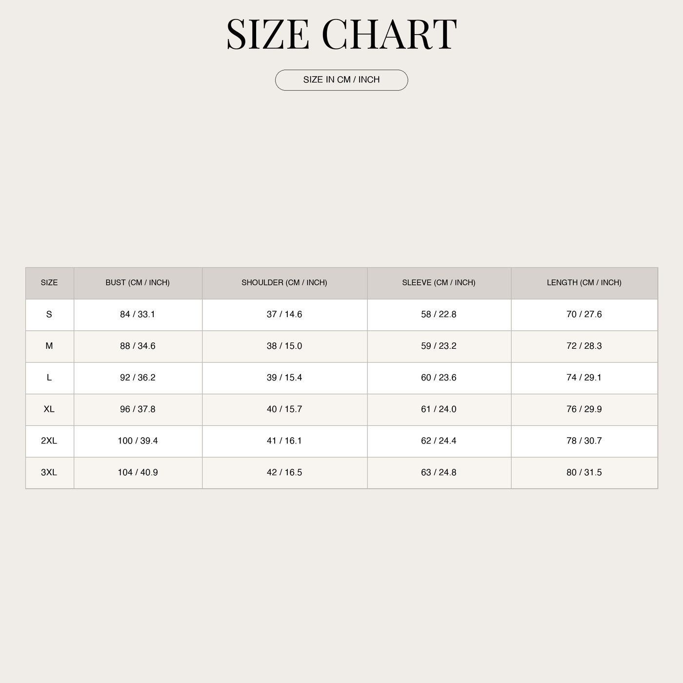 Women's Classic Long Coat – Classic Fit and Notched Lapel size chart