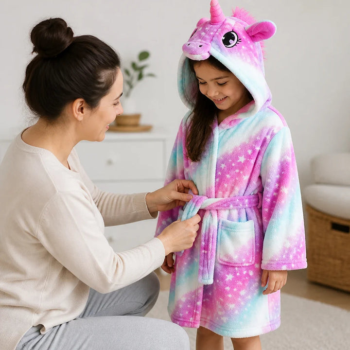 Kids' Flannel Bathrobe – With Hood and Unicorn Print 1