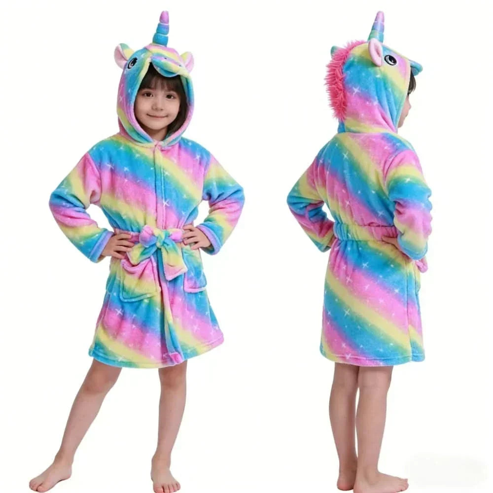 Kids' Flannel Bathrobe – With Hood and Unicorn Print 12