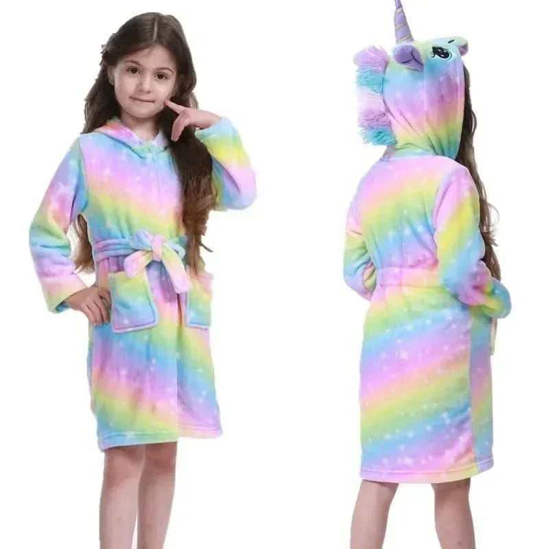 Kids' Flannel Bathrobe – With Hood and Unicorn Print 14