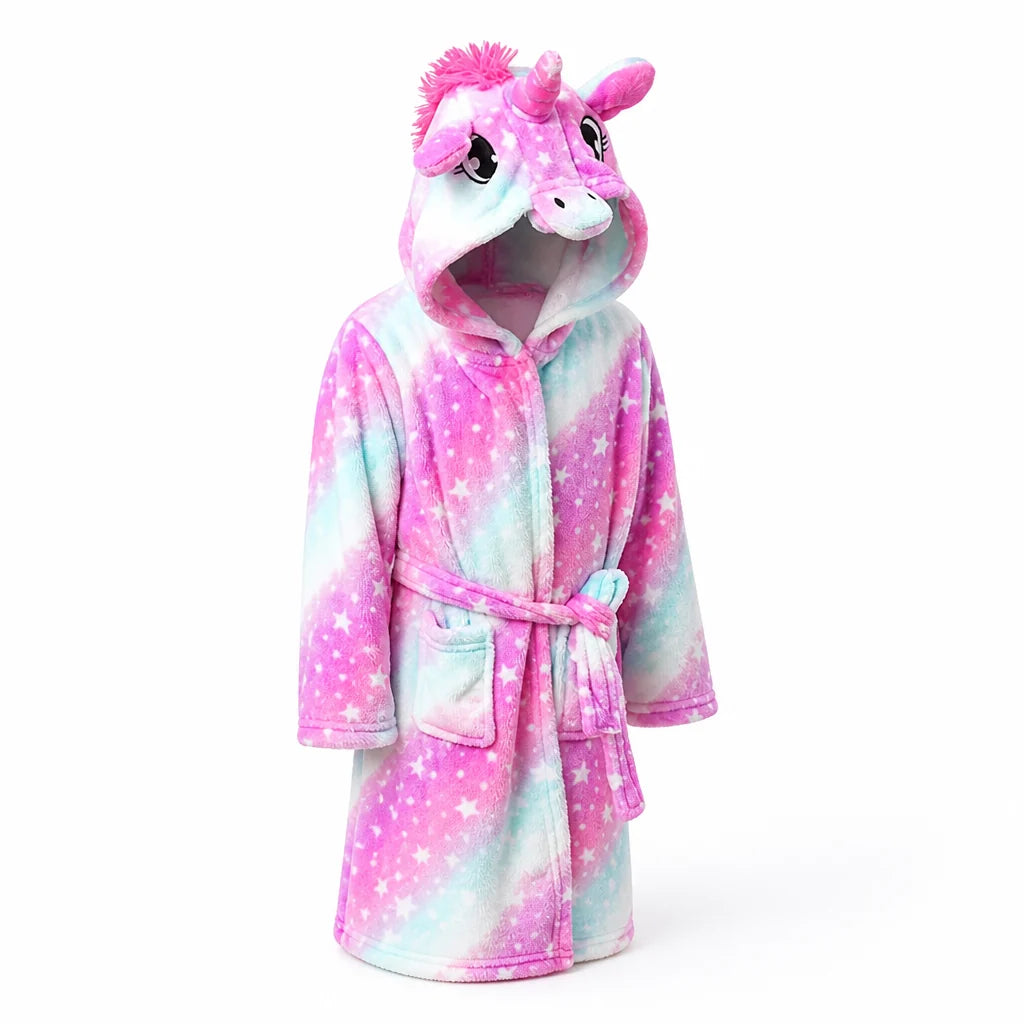 Kids' Flannel Bathrobe – With Hood and Unicorn Print 19