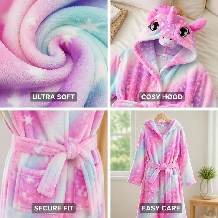 Kids' Flannel Bathrobe – With Hood and Unicorn Print 2
