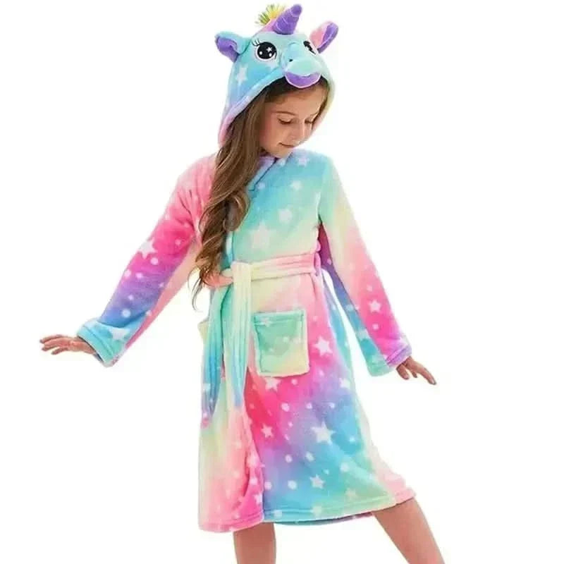 Kids' Flannel Bathrobe – With Hood and Unicorn Print 6
