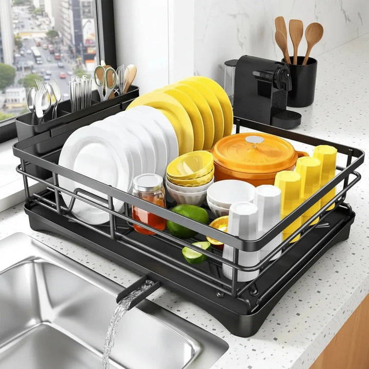 Kitchen Draining Rack – Practical Metal Dish Dryer with Swiveling Spout and Cutlery Basket 1