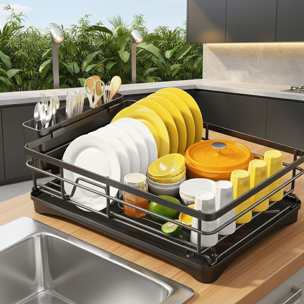 Kitchen Draining Rack – Practical Metal Dish Dryer with Swiveling Spout and Cutlery Basket 3
