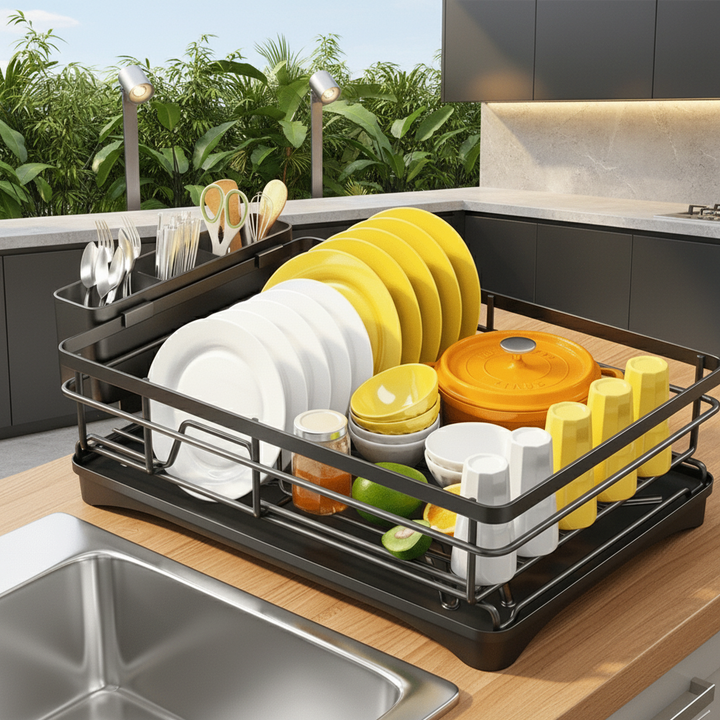 Kitchen Draining Rack – Practical Metal Dish Dryer with Swiveling Spout and Cutlery Basket 3