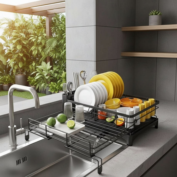 Kitchen Draining Rack – Practical Metal Dish Dryer with Swiveling Spout and Cutlery Basket 4