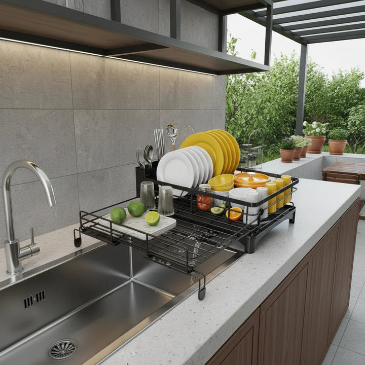 Kitchen Draining Rack – Practical Metal Dish Dryer with Swiveling Spout and Cutlery Basket 6