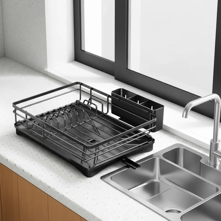 Kitchen Draining Rack – Practical Metal Dish Dryer with Swiveling Spout and Cutlery Basket 7
