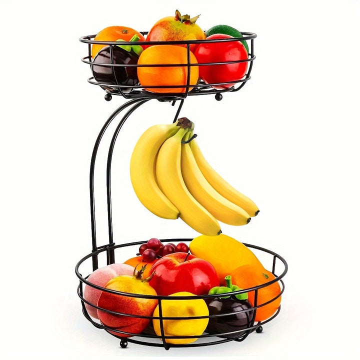Kitchen Metallic Fruit Basket – 2-Tier Oval Design with Integrated Banana Holder 1