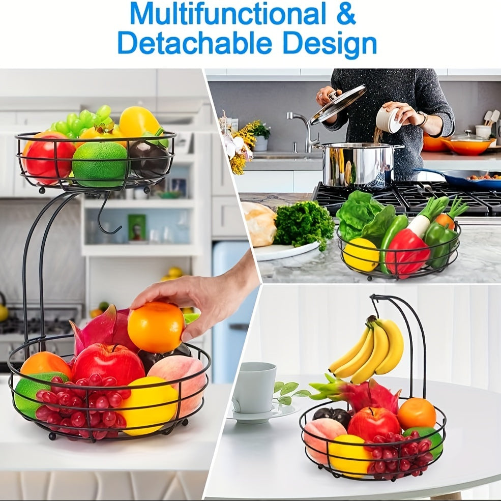 Kitchen Metallic Fruit Basket – 2-Tier Oval Design with Integrated Banana Holder 2
