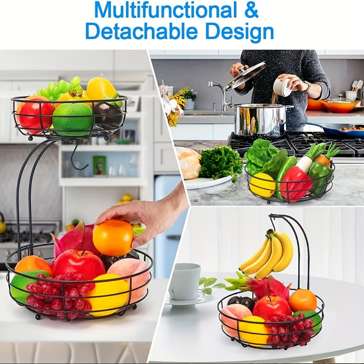 Kitchen Metallic Fruit Basket – 2-Tier Oval Design with Integrated Banana Holder 2