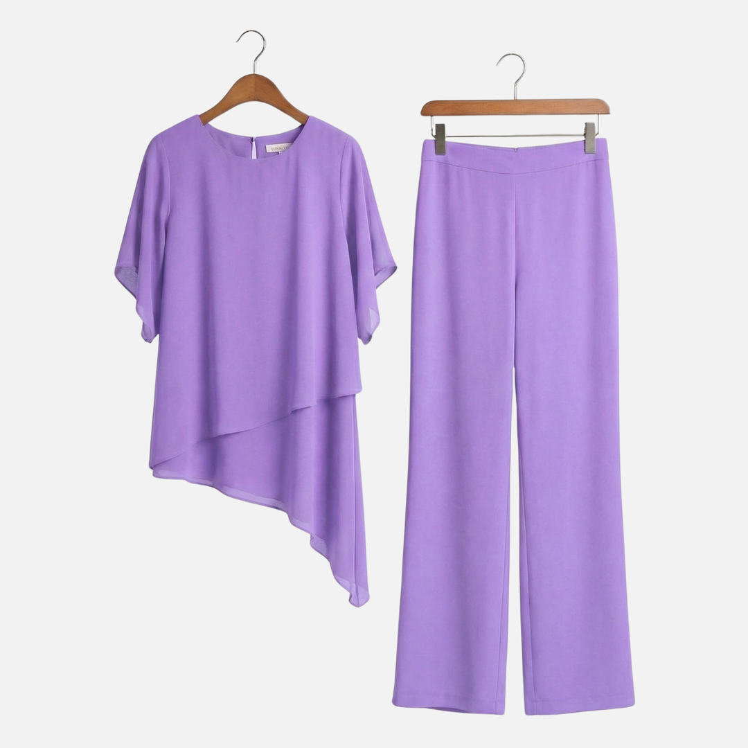 Lightweight Chiffon Asymmetric Top and Wide Leg Pants for Women