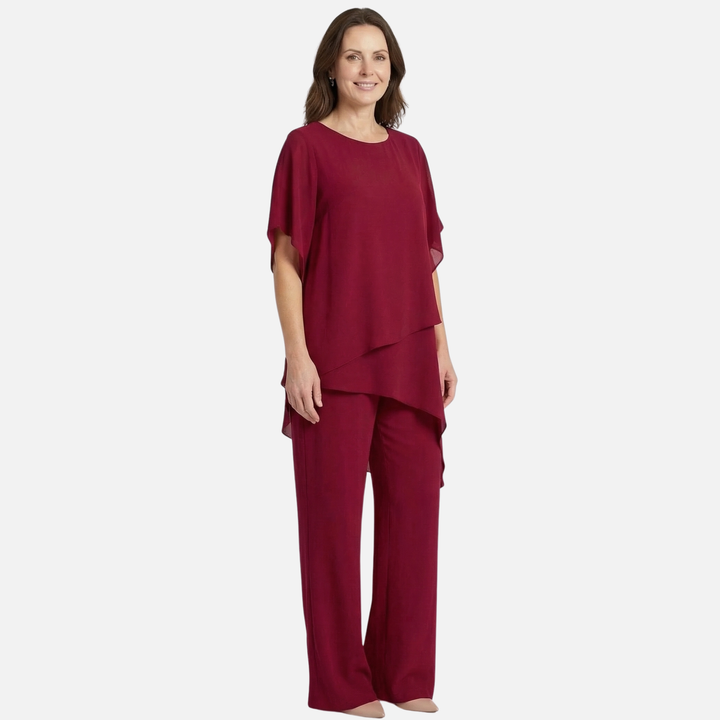 Lightweight Chiffon Asymmetric Top and Wide Leg Pants for Women