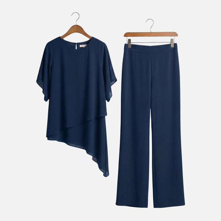 Lightweight Chiffon Asymmetric Top and Wide Leg Pants for Women