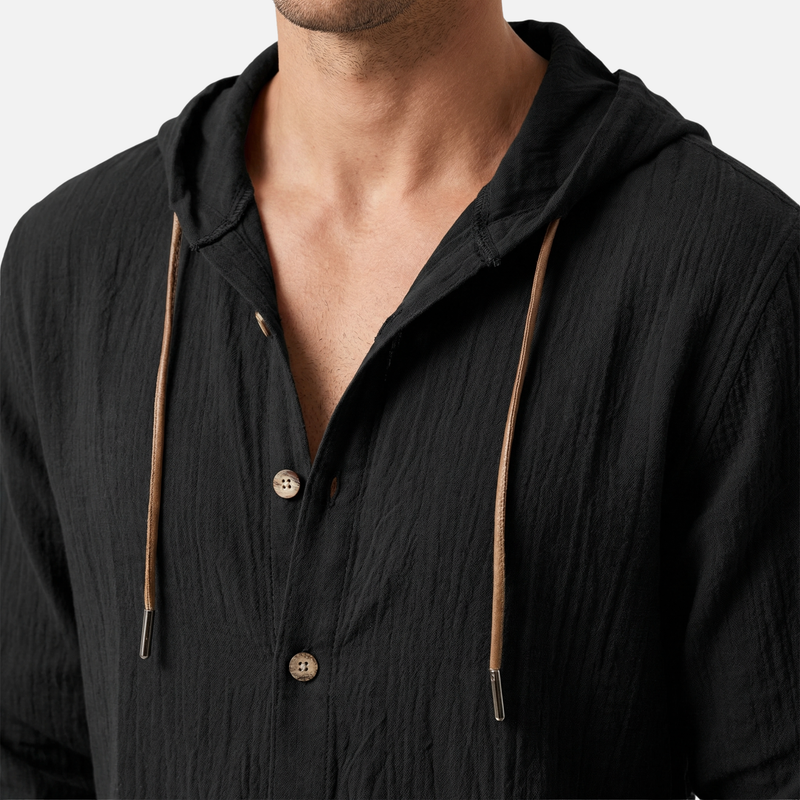 Lightweight Linen Hooded Shirt with Button Placket for Men