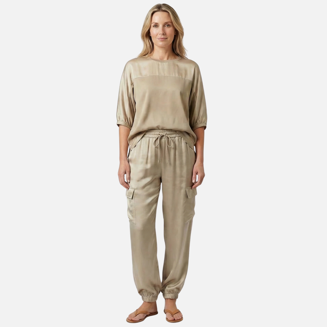 Relaxed Fit Satin Set with Blouse and Pants for Women