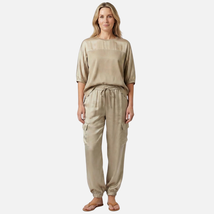 Relaxed Fit Satin Set with Blouse and Pants for Women