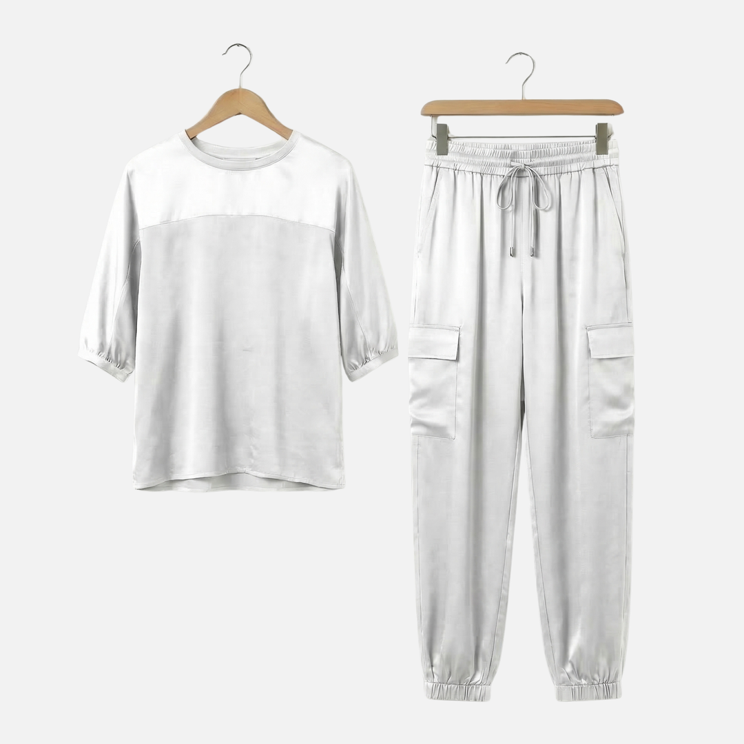 Relaxed Fit Satin Set with Blouse and Pants for Women