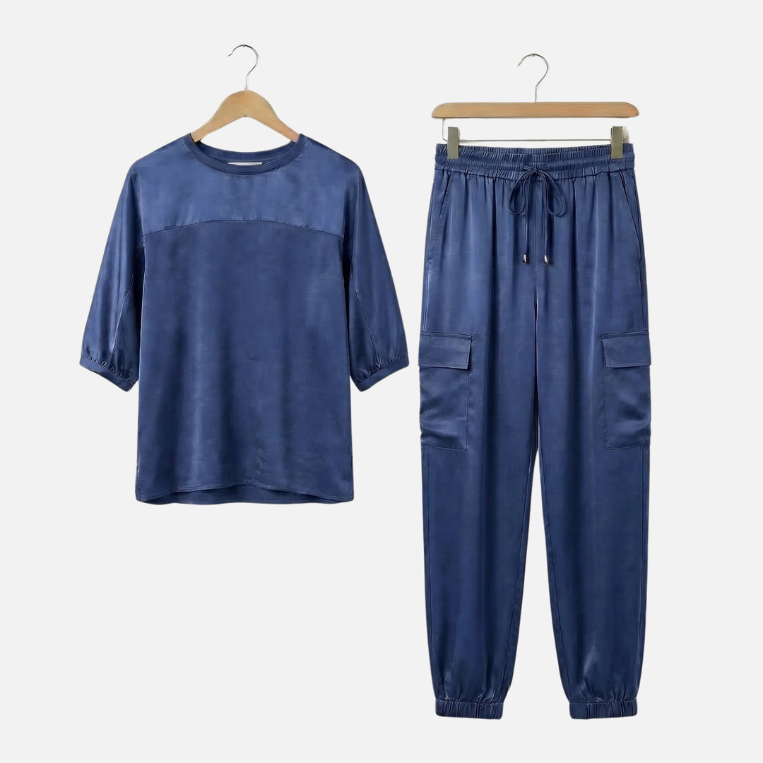 Relaxed Fit Satin Set with Blouse and Pants for Women