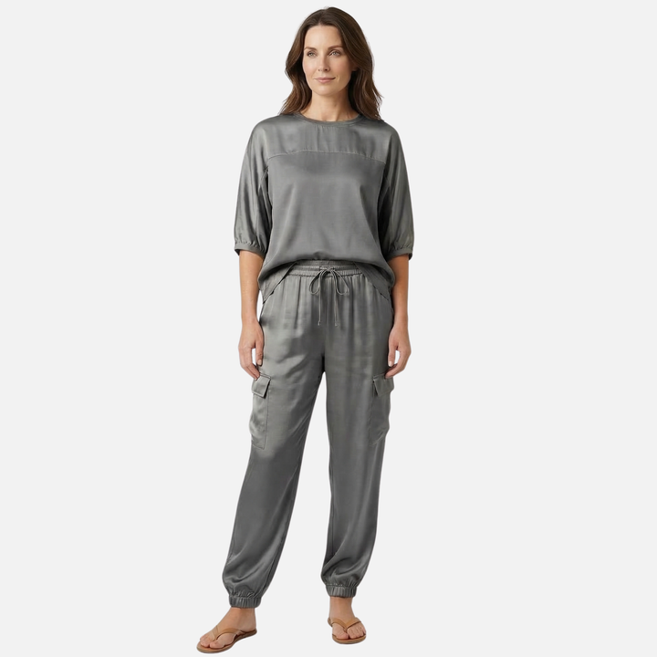 Relaxed Fit Satin Set with Blouse and Pants for Women