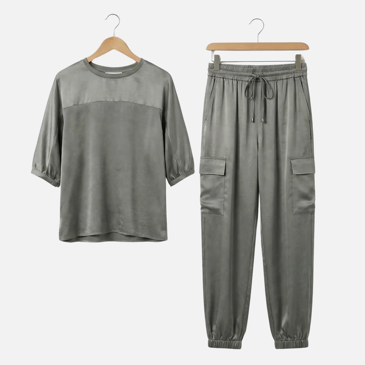 Relaxed Fit Satin Set with Blouse and Pants for Women